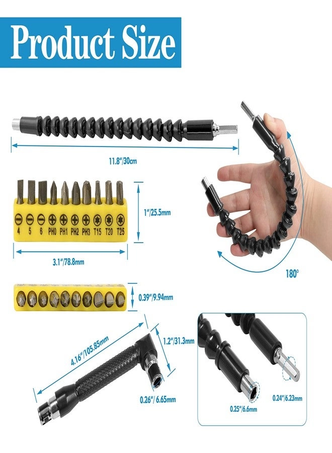 90 Degree Right Angle Driver - 11.6 Inch Bendable Flexible + Screwdriver Bit Set - 10pcs
