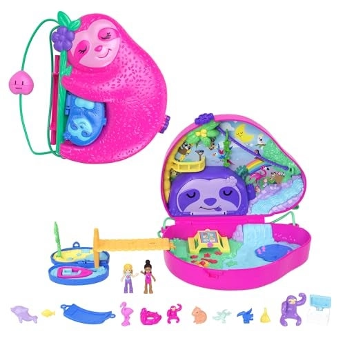 Polly Pocket Sloth 2-in-1 Purse Compact - 2 Micro Dolls 12 Accessories Playset Travel Toy Ages 4+