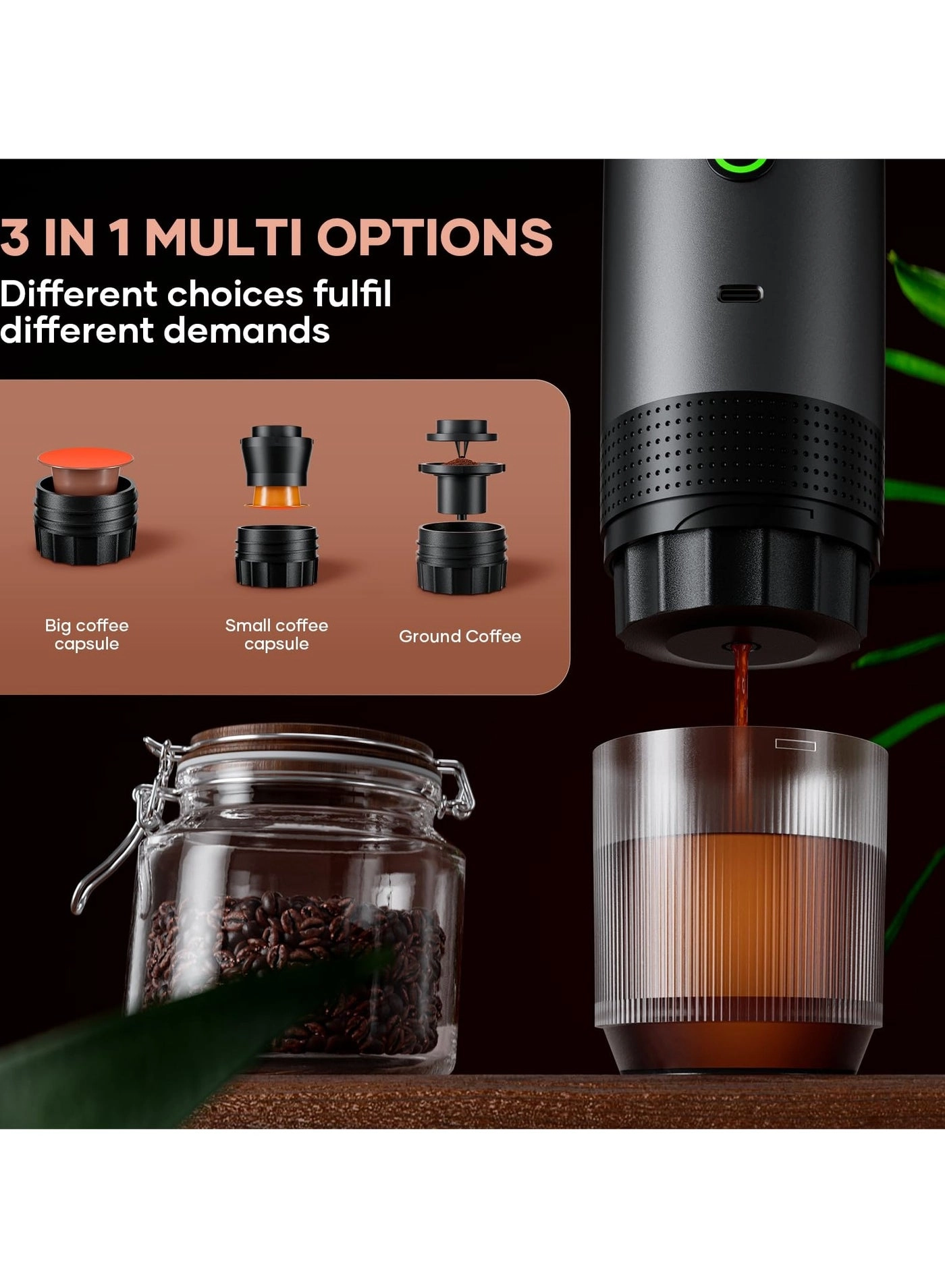 Portable coffee maker - 60 ml ground coffee and capsules