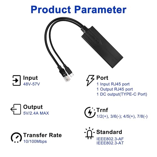 USB Type C PoE Splitter - 48-57V 5V 2.4A 12watts 1 RJ45 IEEE 802.3af 10/100Mbps