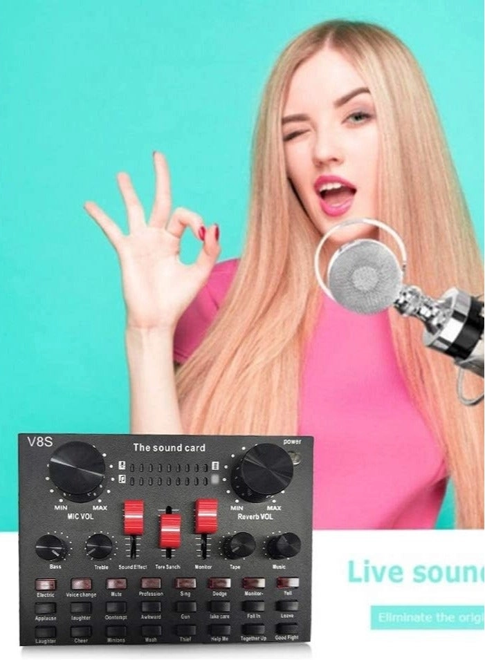 Condenser Microphone + V8S Live Sound Card Wireless+USB+3.5mm-Mini-Jack Microphone