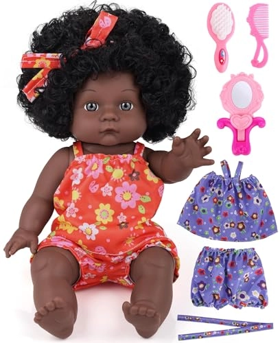 Baby Doll - 12 inch vinyl PVC Black Curly Hair 2 outfits Ages 3+