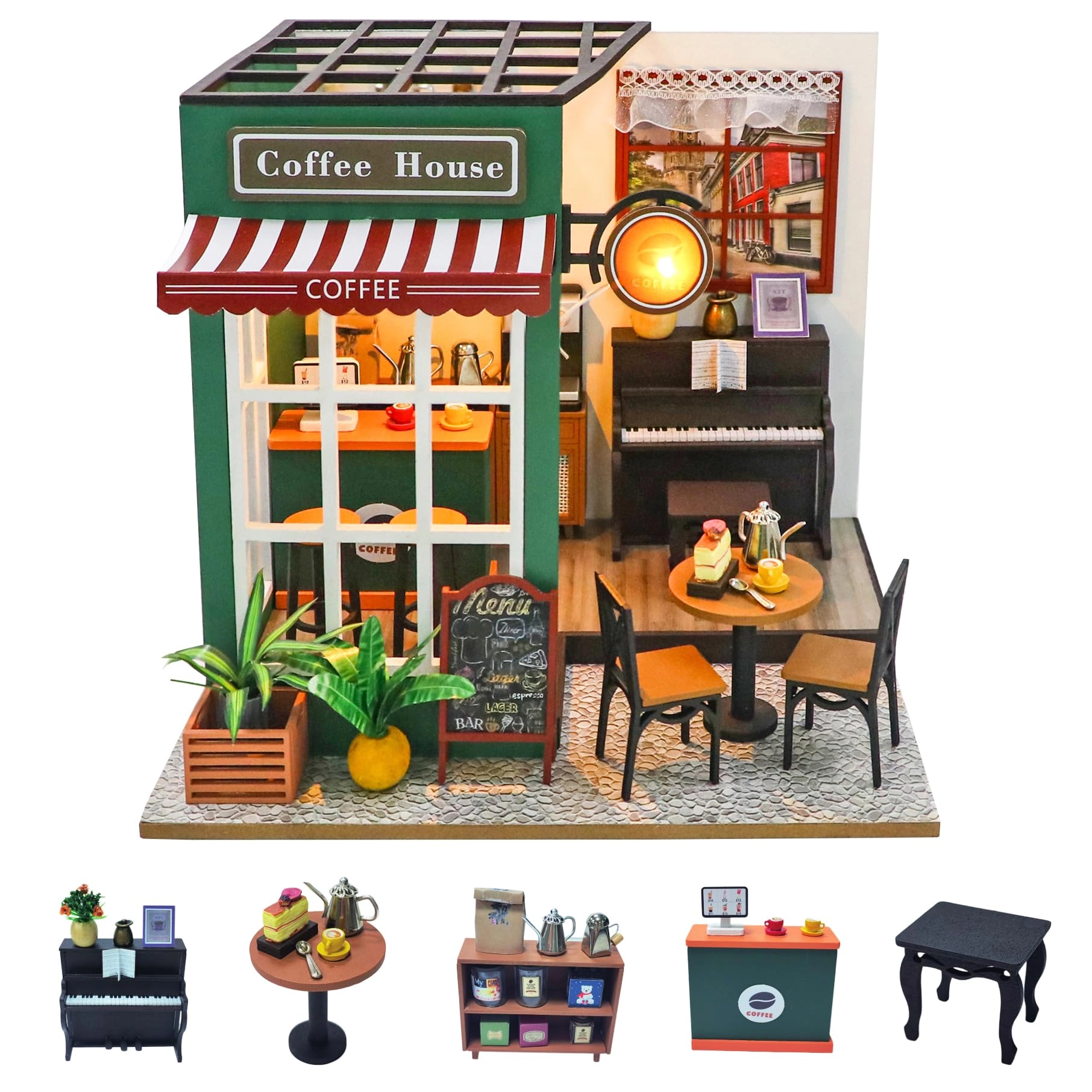 CUTEROOM Miniature Wooden Dollhouse Building Kit - 3D Mini Coffee House