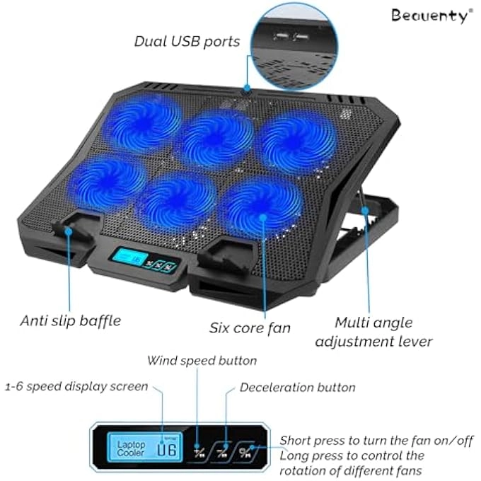 Gaming laptop cooling pad - 6 fans 12-21-inch
