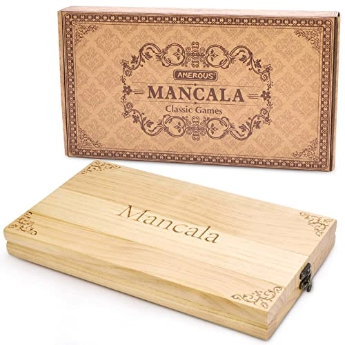 Mancala - Wooden Folding 728 Bonus Multi Color Glass Stones