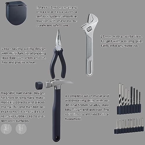 Cordless Brushless Drill - 2000mAh + Multipurpose Screwdriver + Adjustable Spanner + Needlenose Plier + Claw Hammer + Rubber Hammer + Self-lock Measure Tape + 18 Bit & Drill Set