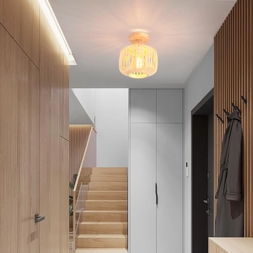 Retro Rattan and Wood Bohemian Design Ceiling Light