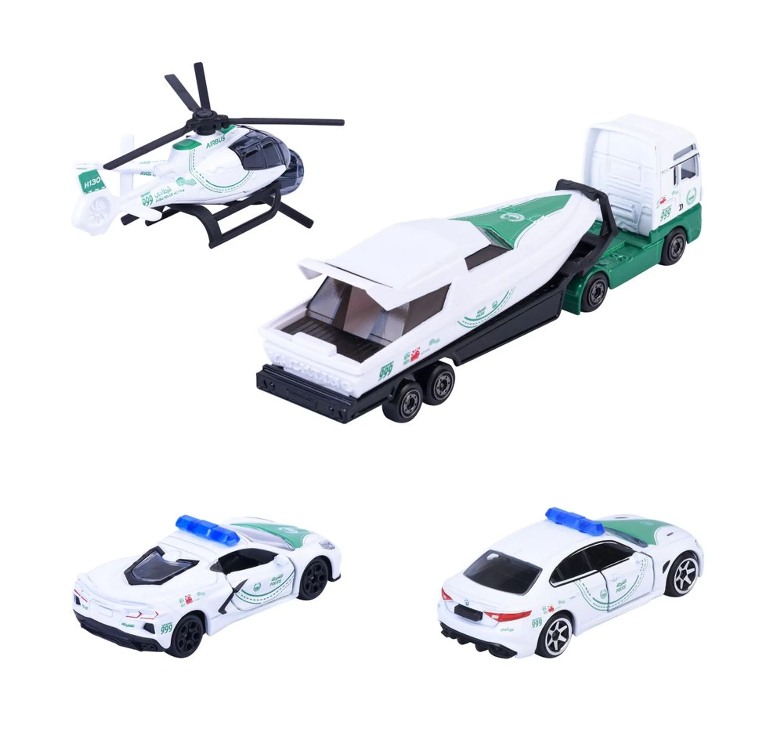 Alfa Romeo Giulia + Chevrolet Corvette + Helicopter + Truck + Boat - 1:64 12 Pcs