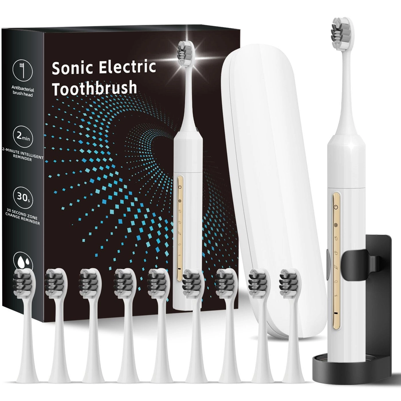 Oscillation&Vibration Sonic Electric Toothbrush - 10 Brush Heads 48000VPM 5 Cleaning Modes