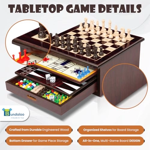 Wooden Board Game Set - 10-in-1 Built-in Storage