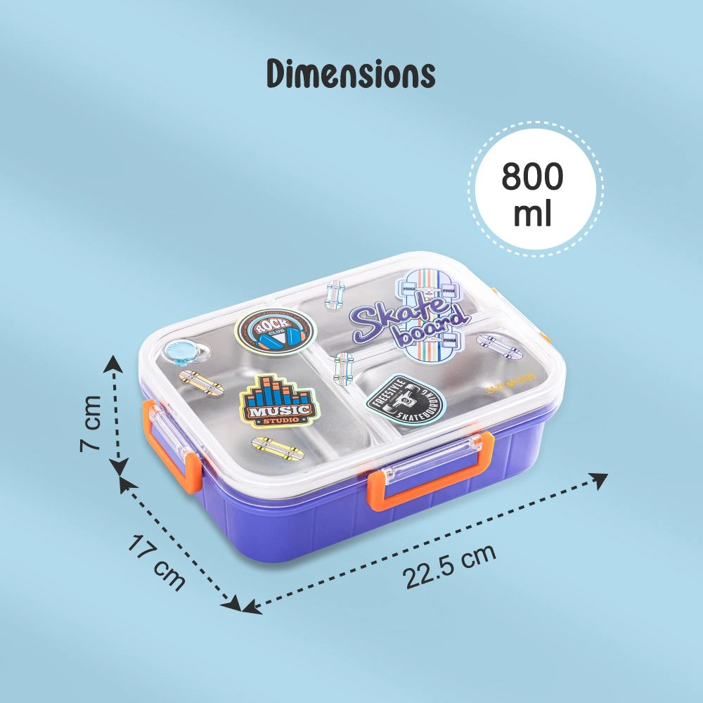 3 Compartment Stainless Steel Bento Lunch Box - Skate Board Purple 800ml