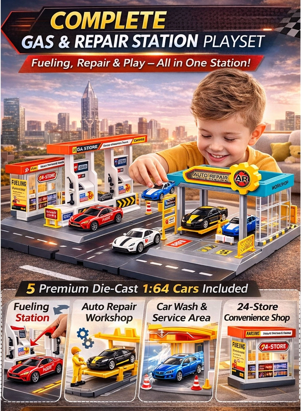 Gas & Repair Station Playset - 1:64 6 pcs