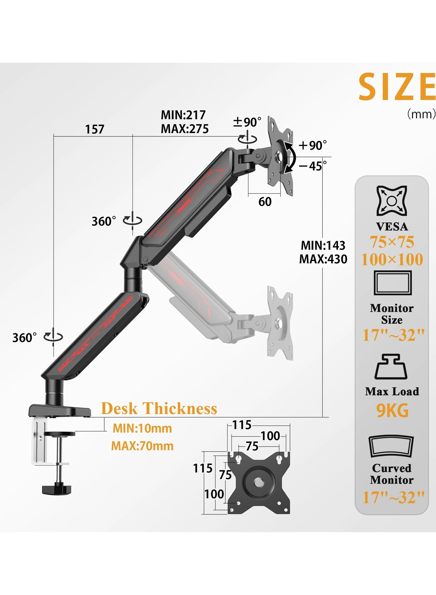 Monitor Arm - Single 13-32 inch 75x75/100x100mm