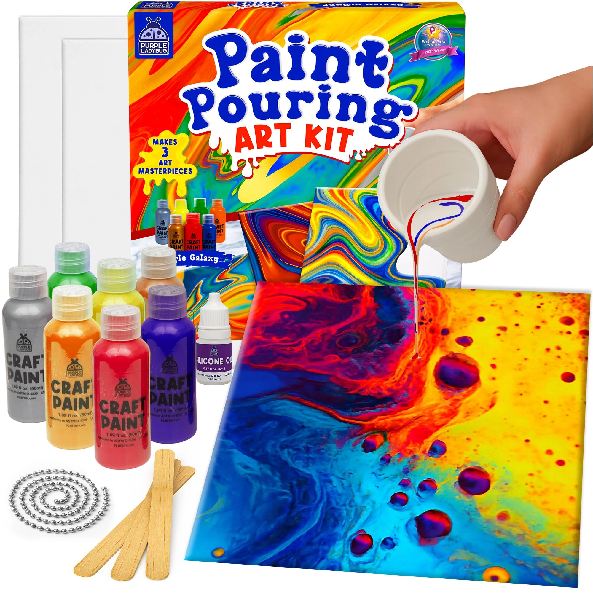 purple ladybug Paint Pouring Art Kit - 3 pieces 7 Paints & Tools