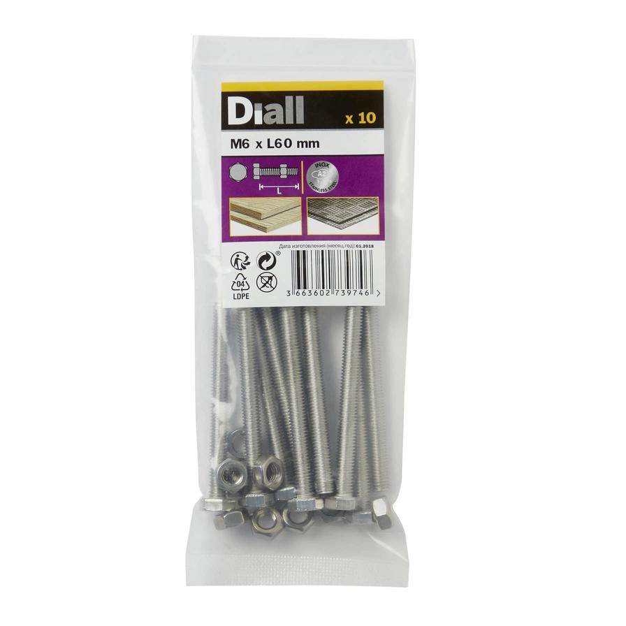 Diall Hex Nut & Bolt - 60 mm M6