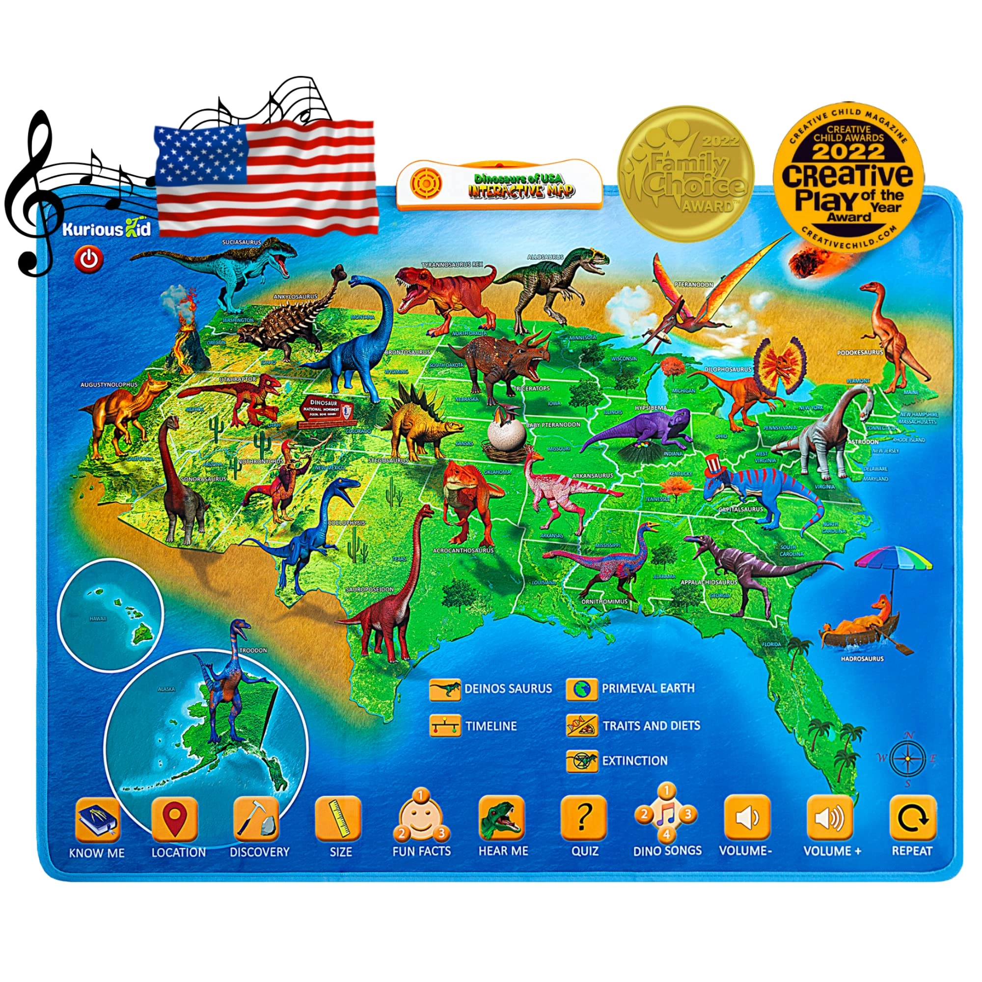 Kurious Kid USA Map with Dinosaur