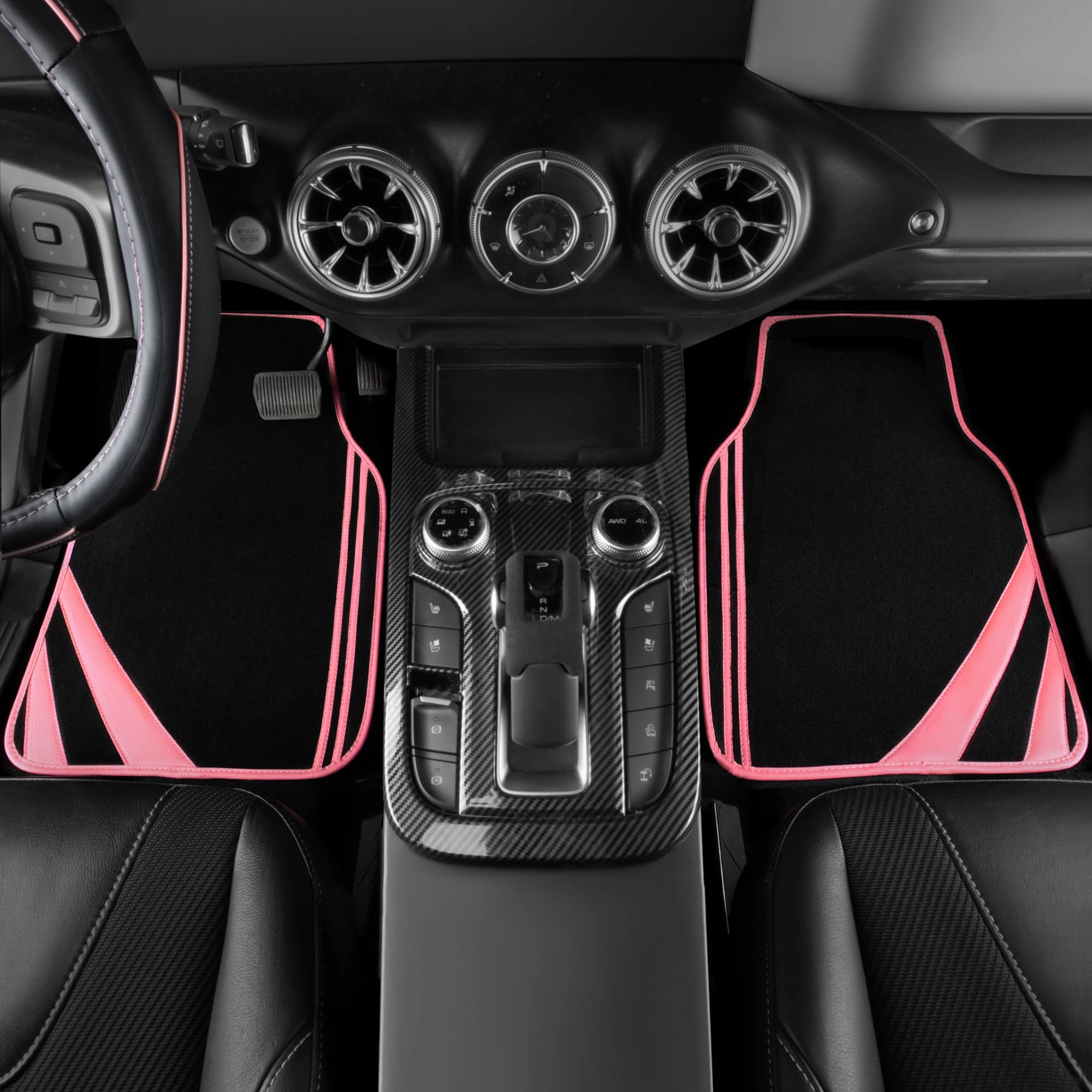 Car Seat Covers - Air Mesh Leather + Car Floor Mats - Waterproof + Steering Wheel Cover - Sporty