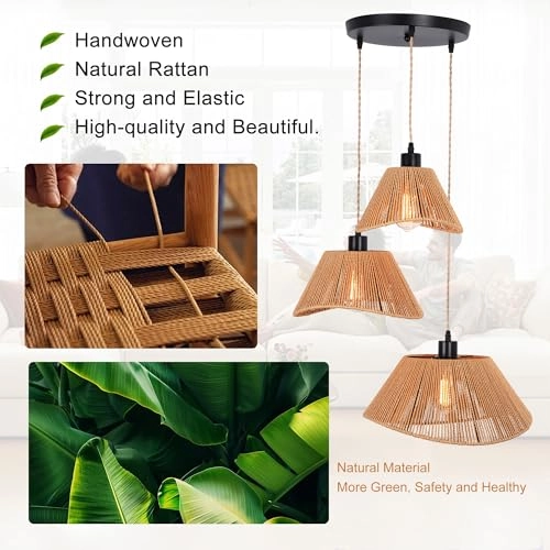 Rattan Pendant Light - 3-Lights Adjustable Height