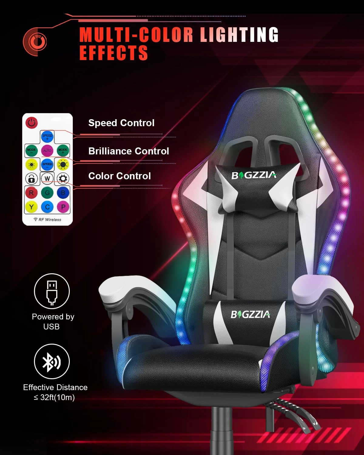 white LED gaming chair - RGB Reclining PU Leather
