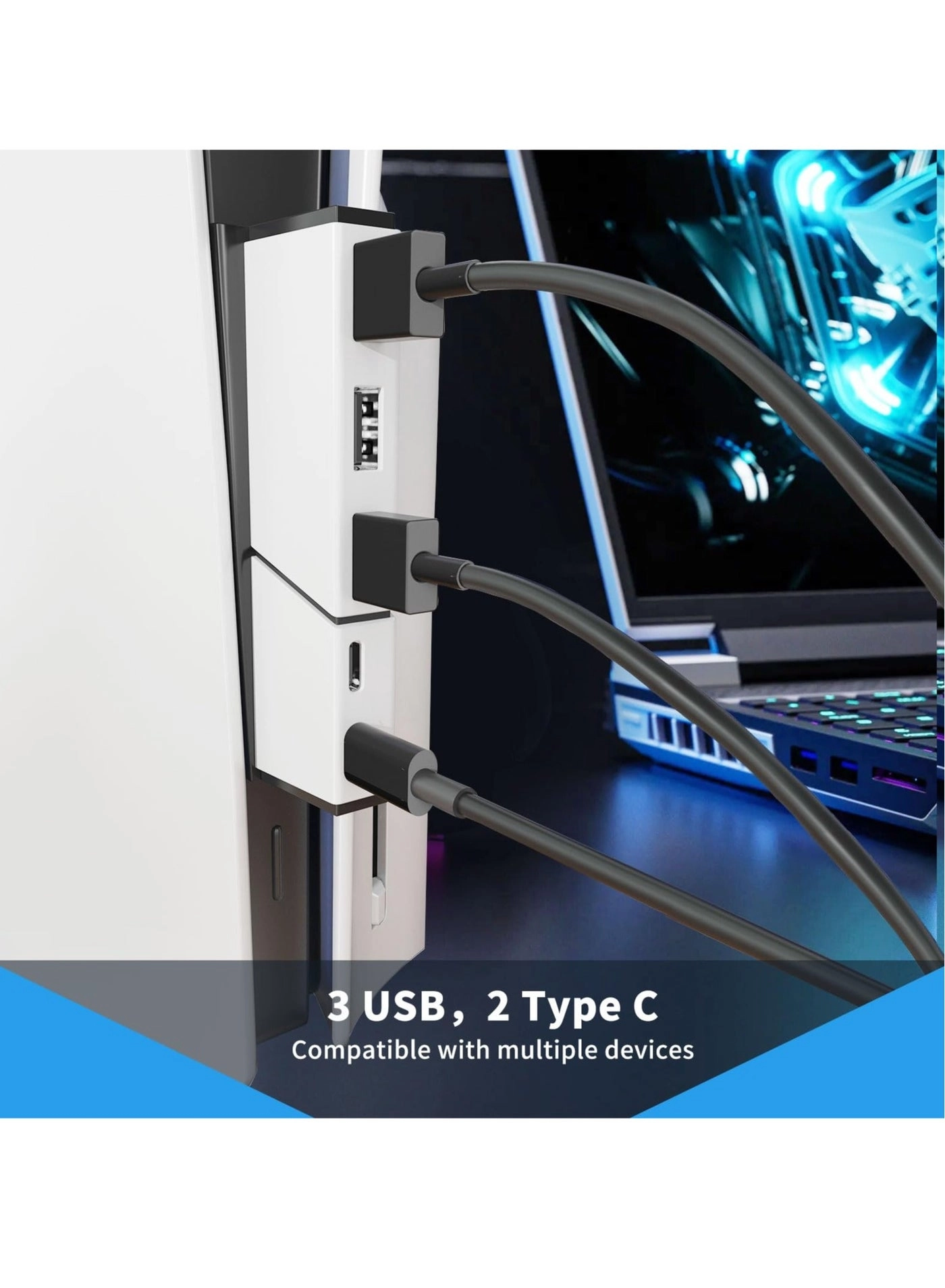 5 Ports USB Hub - PS5 Slim 2 Type C + 3 USB-A 2.0