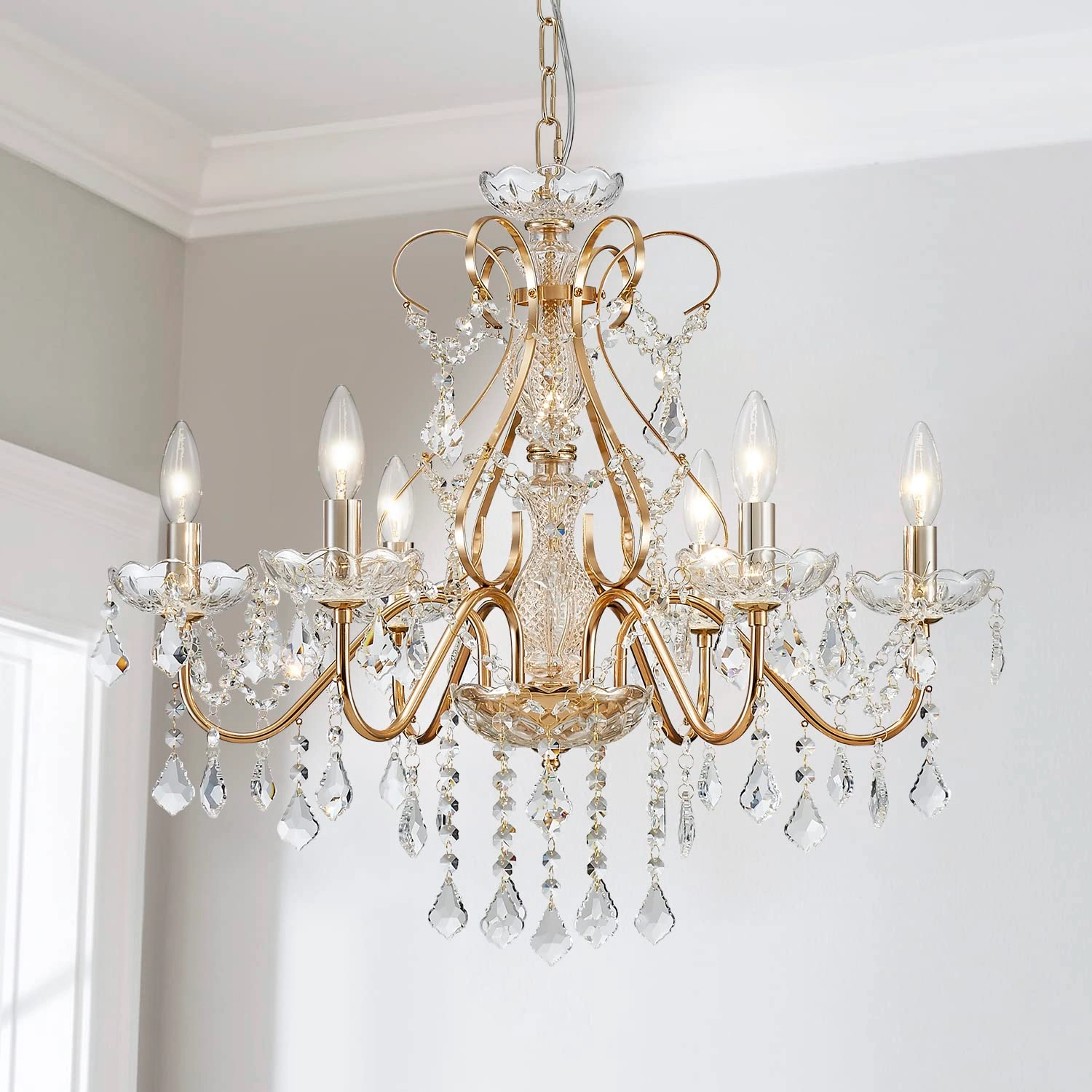 5-Light K9 Crystal Chandelier - Gold Adjustable Chain 59"