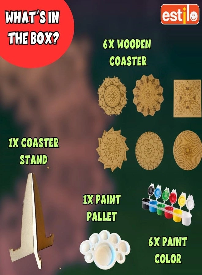 Wooden Mandala Art + Coasters - 6 + Watercolors - 10 + Stand + Palette + Brush