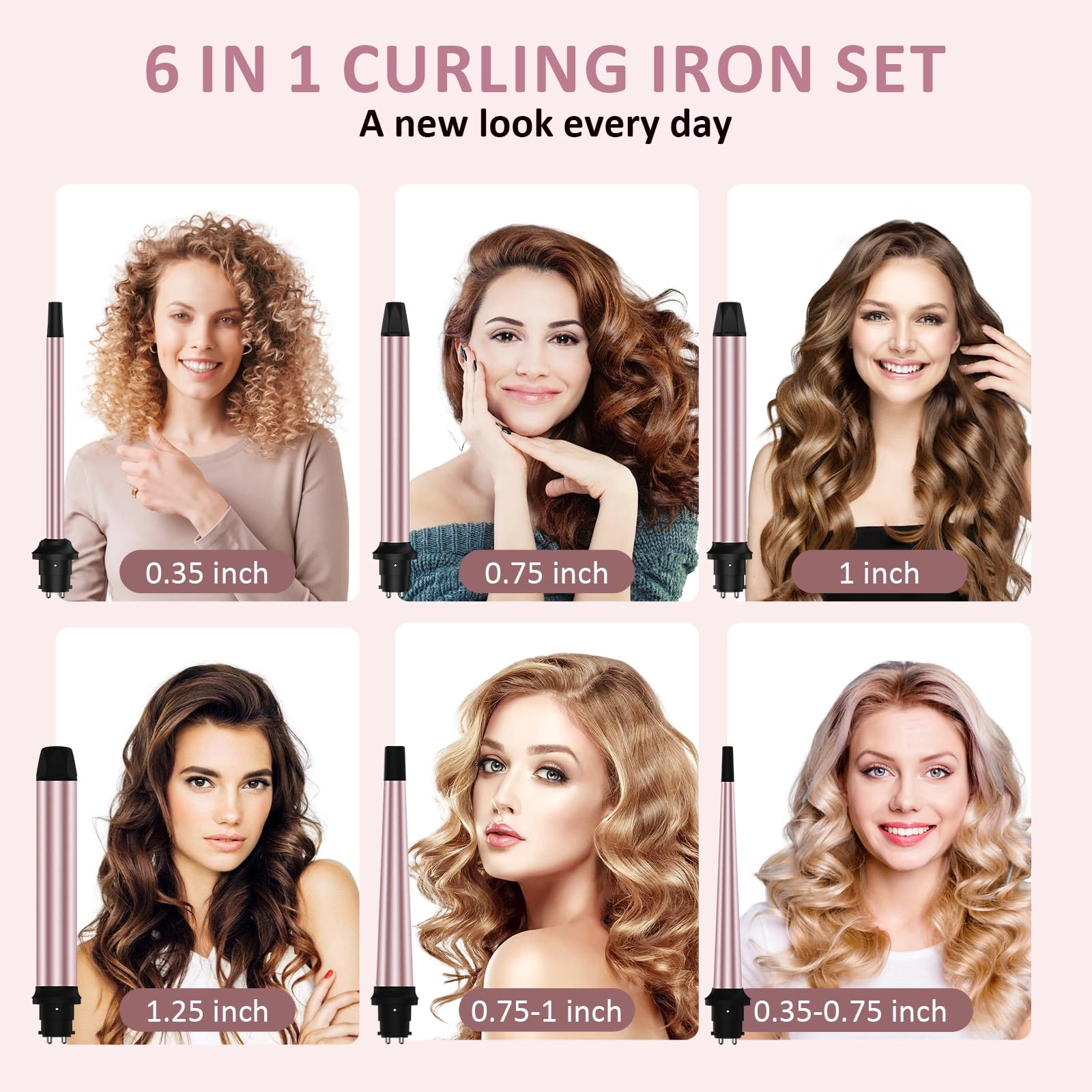 6 in 1 Curling Iron - 0.35"-0.75"-1"-1"-1.25"-1.5"