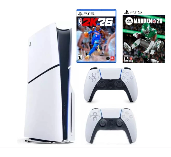 SIE PlayStation 5 Slim Disc + Dualsense White Controller + NBA 2K26 + Madden NFL 26