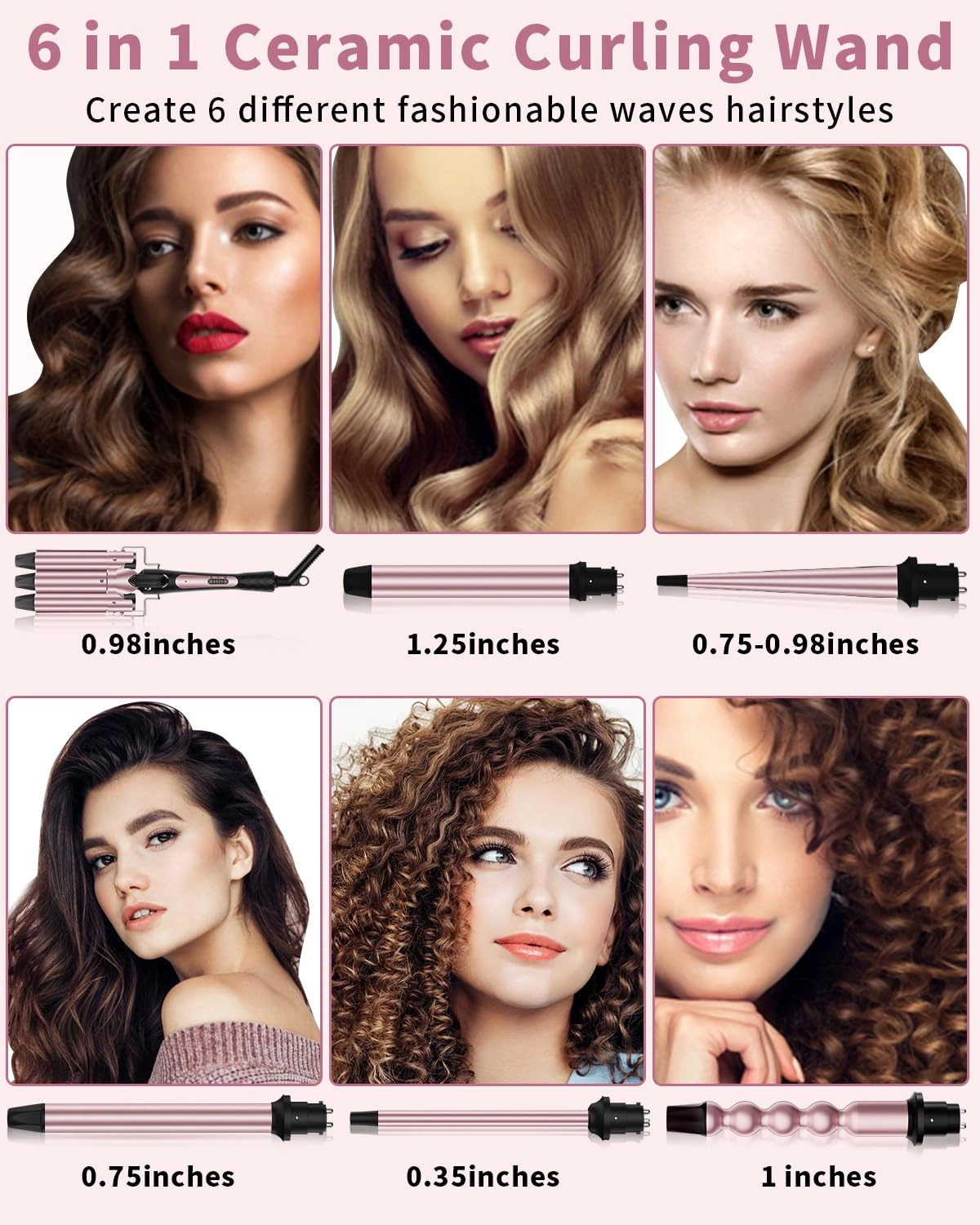 6 in 1 Curling Iron - 0.35"-0.75"-1"-1"-1.25"-1.5"