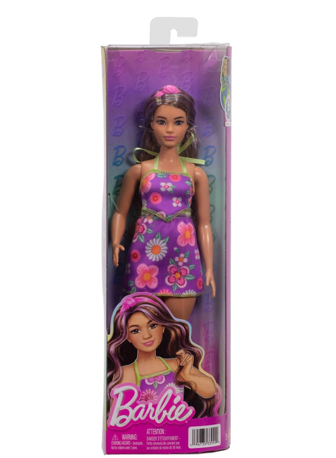 Barbie Fashionistas #244 - Purple-Streaked Brown Hair Purple Floral Halter Top and Matching Skirt