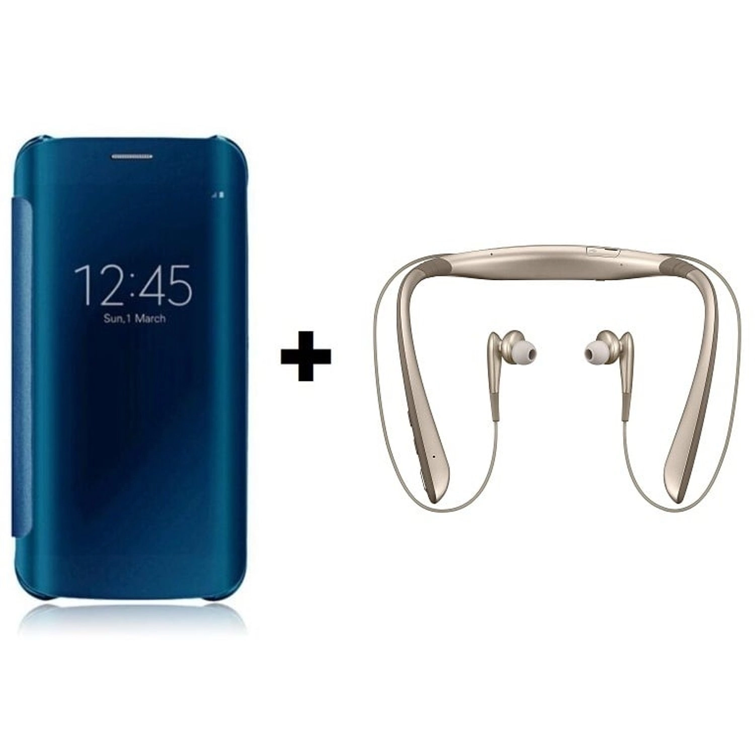 Samsung EF-ZG935CLEGAE - Clear View Cover Blue + Level U Pro - Wireless Headphone Gold