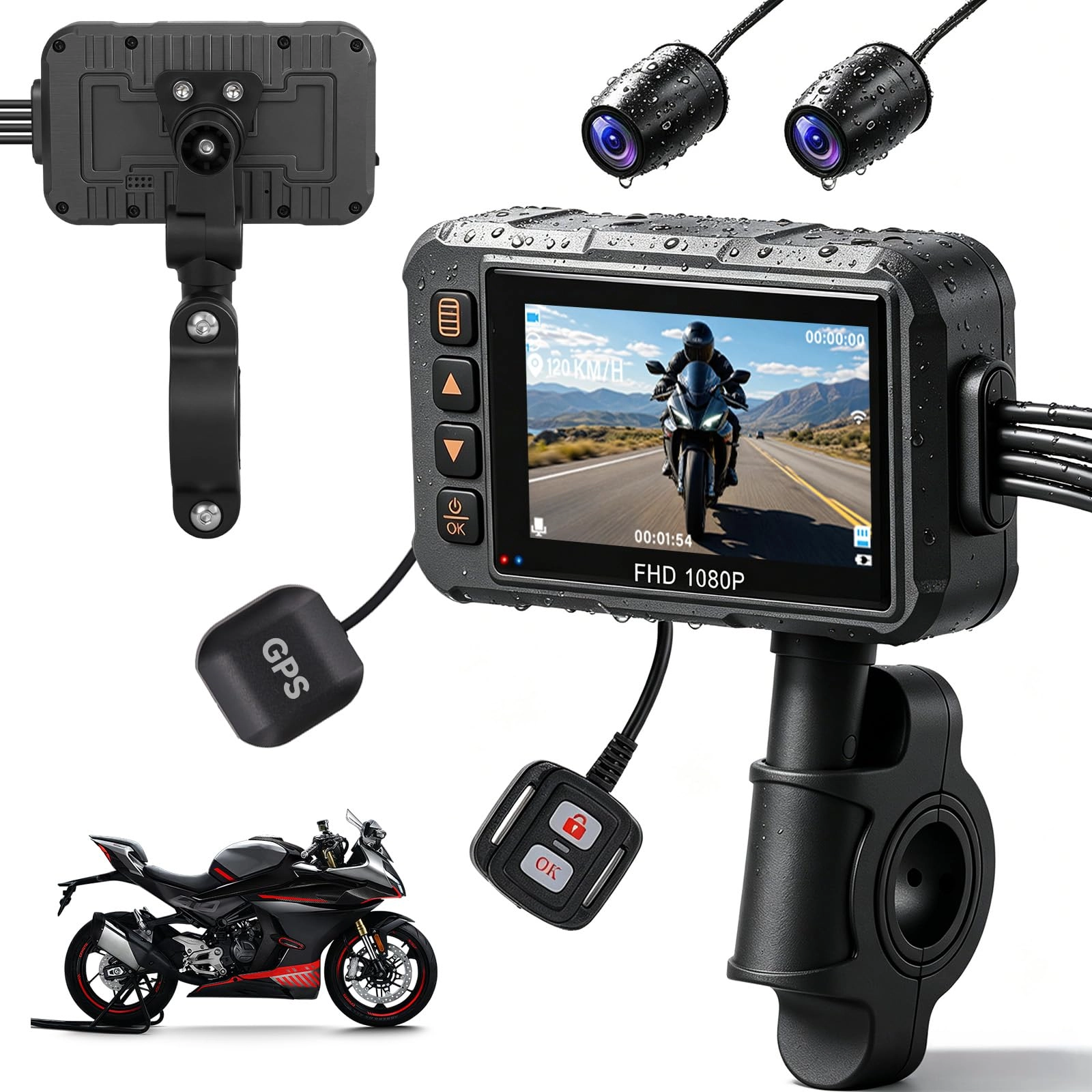 GOHHDL GPS Waterproof Motorcycle Dash Camera - 1080P