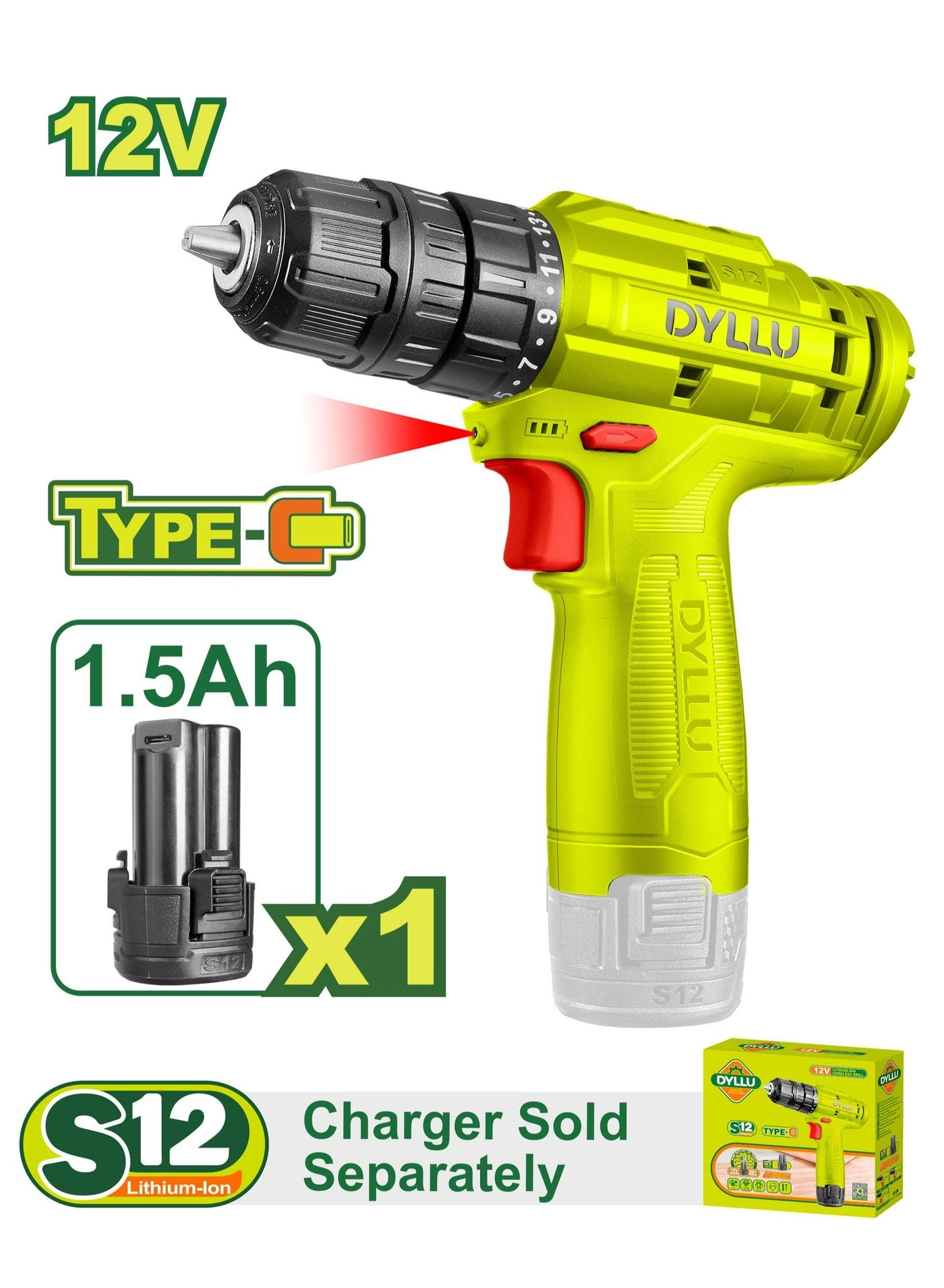 DYLLU Cordless Drill - 12V USB Type-C