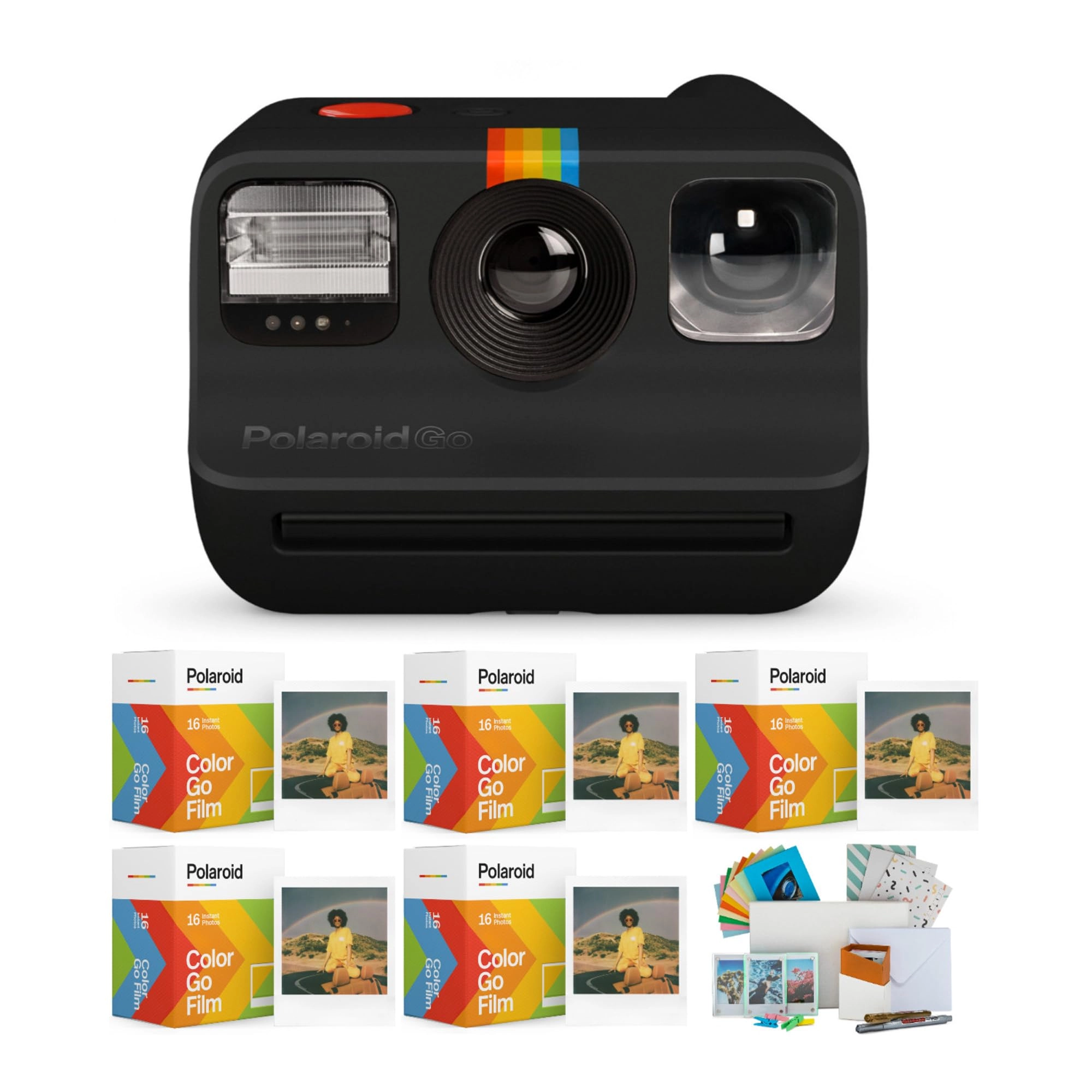 Polaroid Go Instant Camera - Black + GO Color Film - Double Pack (5-Pack) + Film Kit - 3 Magnetic 10 Hanging Frames