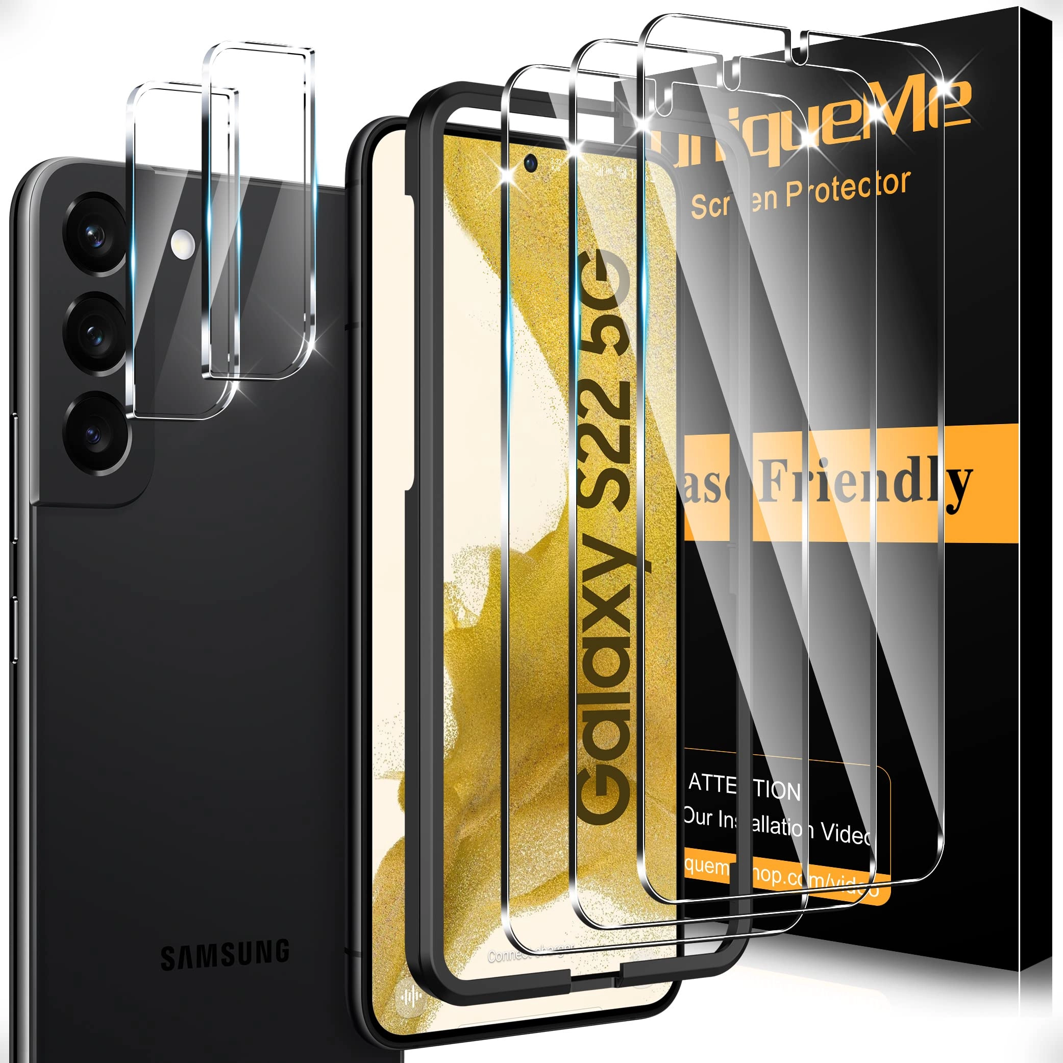 UniqueMe Shatterproof Tempered Glass Screen Protector + Camera Lens Protector for Samsung Galaxy S22 (2-Pack)