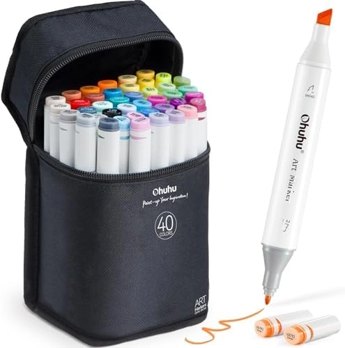 Ohuhu Alcohol Markers - 40 Unique Colors Dual Tips Fine and Chisel Ends