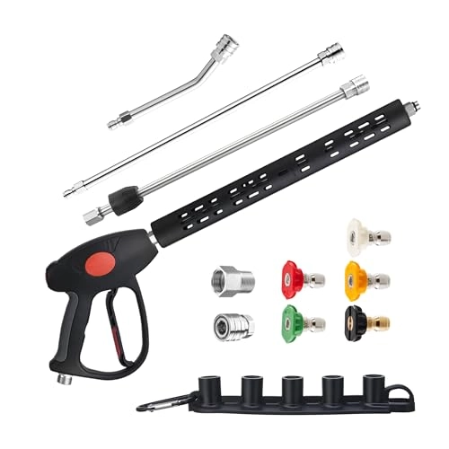 M MINGLE High Pressure Washer Gun - 30 Degree Curved Rod M22 15mm or M22 14mm Fitting 5 Nozzle Tips