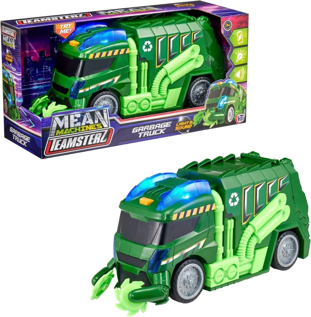 Teamsterz Mean Machines Light And Sound Garbage Truck - Green 3+ yrs