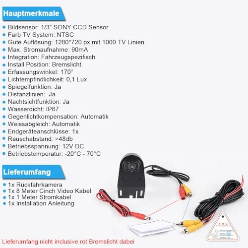 Reversing Camera + LCD Colour Display Monitor - Night vision AHD video signal or CVBS signal 1280 x 720 pixels
