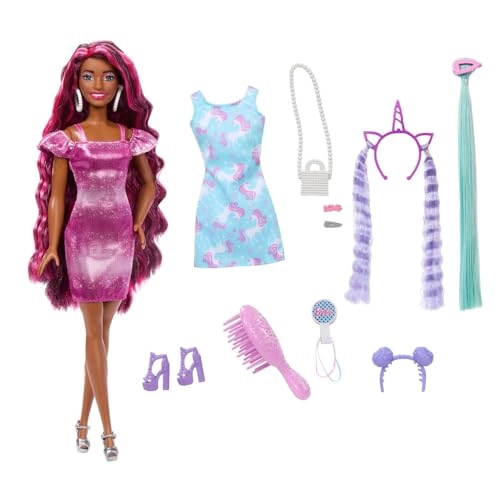 Barbie Fun and Fancy Hair - Extra-Long Colorful Brunette Hair Shimmery Pink Dress 10 Hair and Fashion Play Accessories Ages 3+