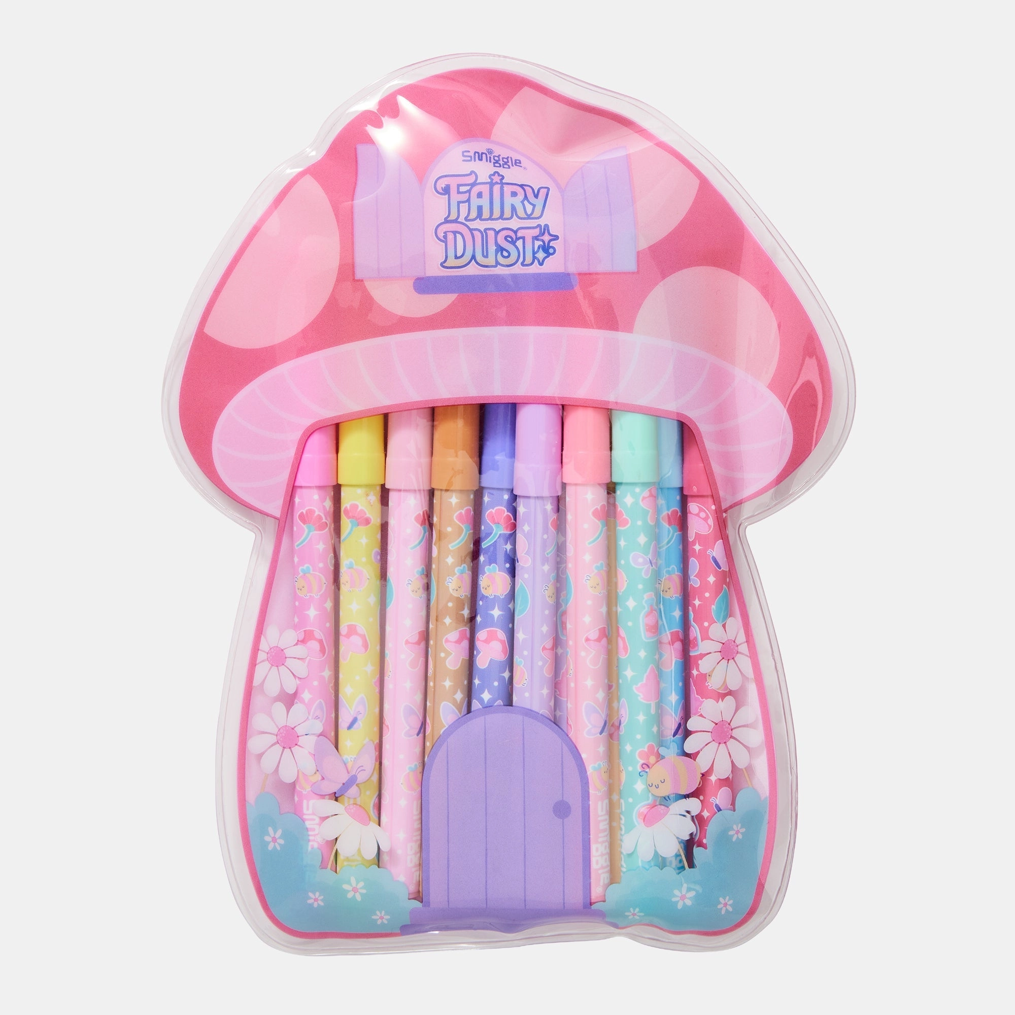 Smiggle Fairy Dust Marker Pack - 10 Scented Markers Mushroom shaped zip pencil case
