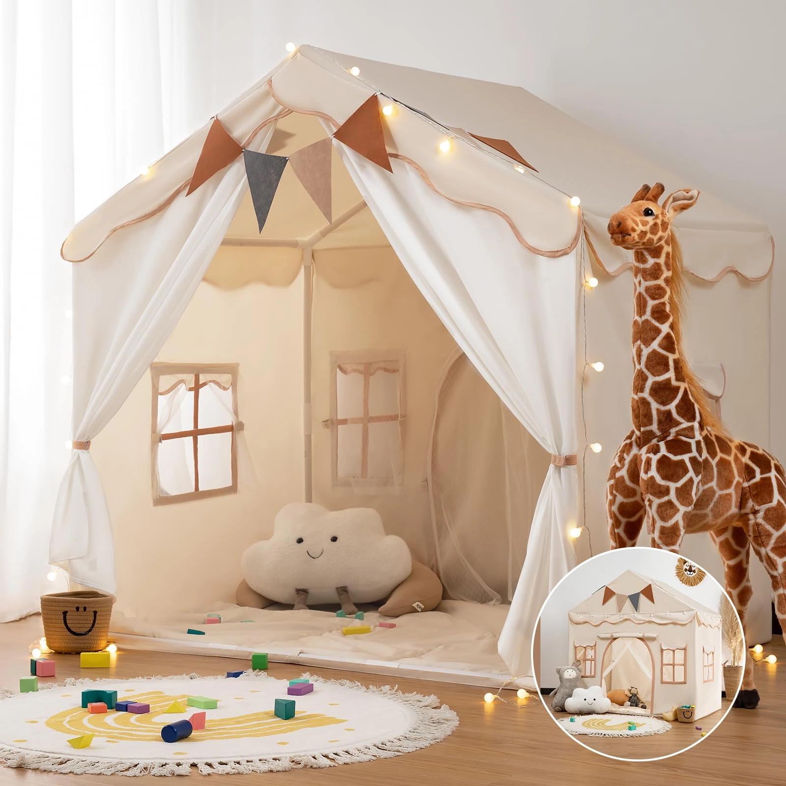 2-in-1 Kids Play House Tent - 130 cm x 89 cm x 130 cm Brown