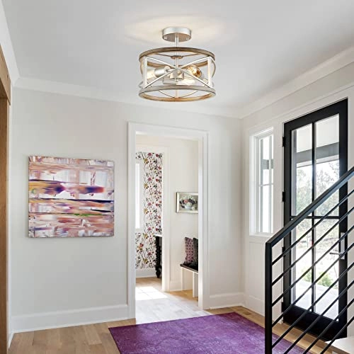 Chandelier - 3 Lights Imitation Nickel & Wood