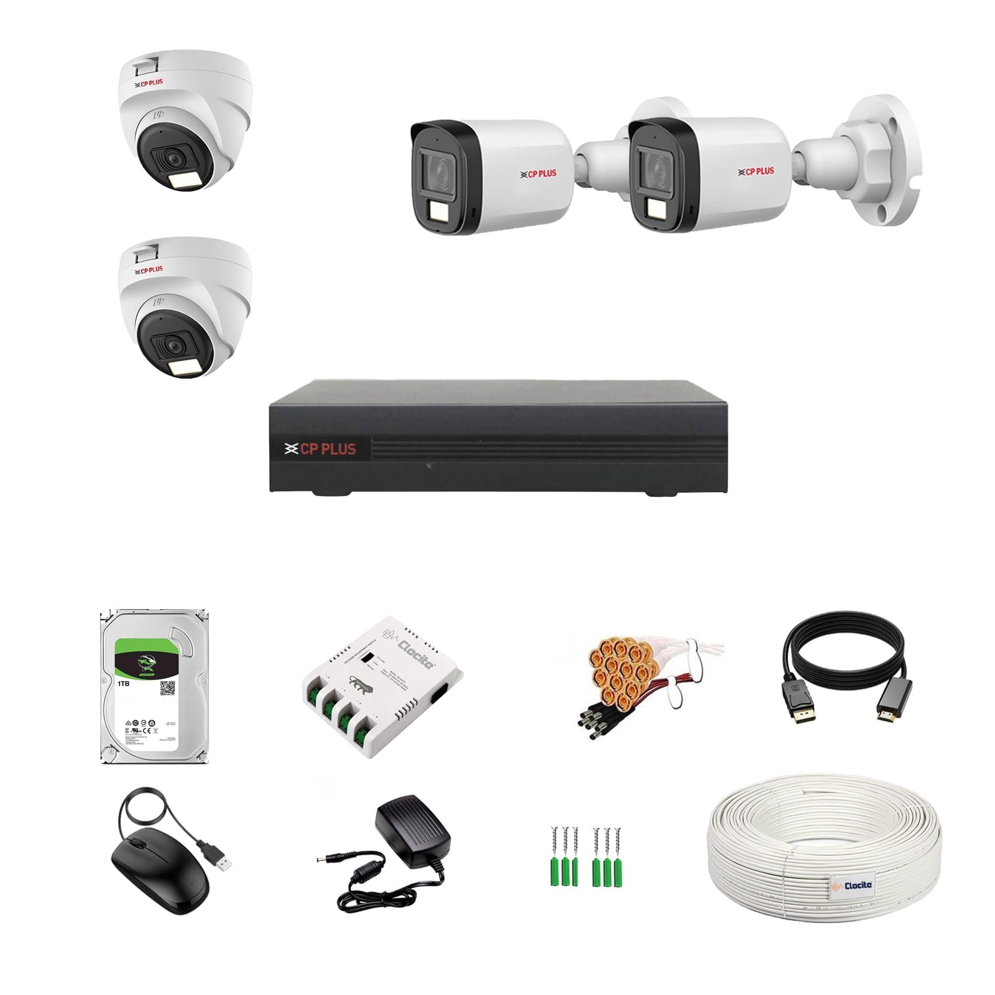 2.4MP 4CH DVR - 4CH + 2.4MP Dome Camera - 2 Nos + 2.4MP Bullet Camera - 2 Nos + 1 TB HDD - 1TB + 4 CH SMPS + CCTV Cable + BNC/DC Connectors