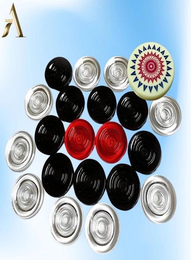 Crystal Carrom Coins - 20 Coins (9 Black + 9 White + 2 Red Queen) Tournament Size + Striker + Powder Bottle