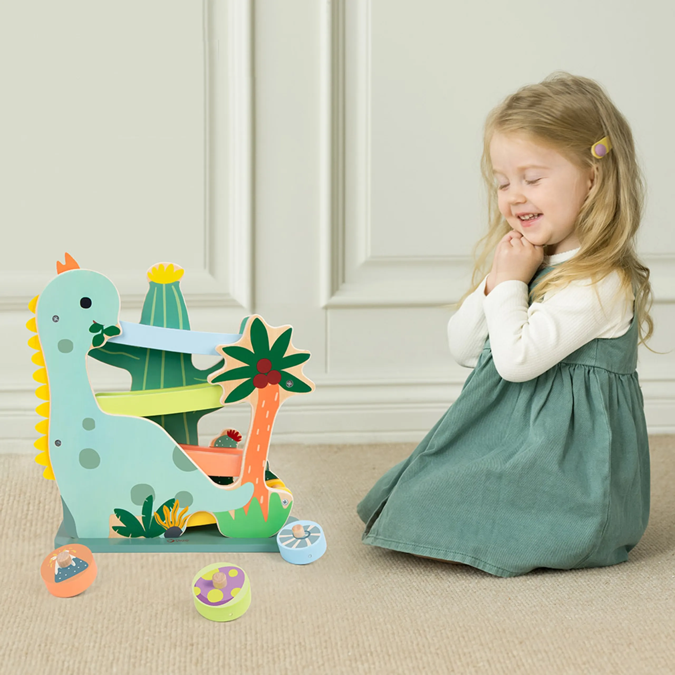 Wooden Dinosaur Slide - 4-piece interactive racing track set 31.7 x 11 x 32.1 cm