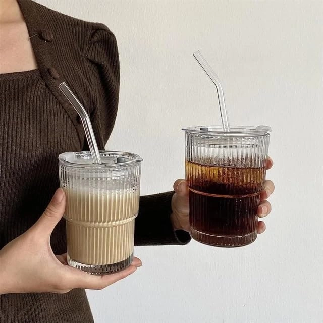 Ribbed Glass Tumbler - 1 pcs - With Lid and Straw - 370 ml