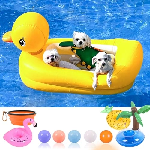 Yellow Duck Dog Pool Float + Coconut Tree Inflatable Drink Holder + Pineapple Pool Drink Float + Flamingo Inflatable Drink Holder + Collapsible Dog Bowl + Bright Colors Ball Pit