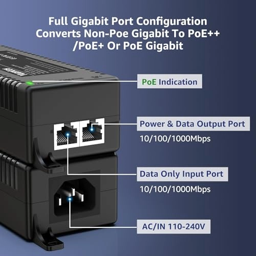 Gigabit PoE Injector - 48V 60W 2 IEEE 802.3at/af/bt 10/100/1000Mbps