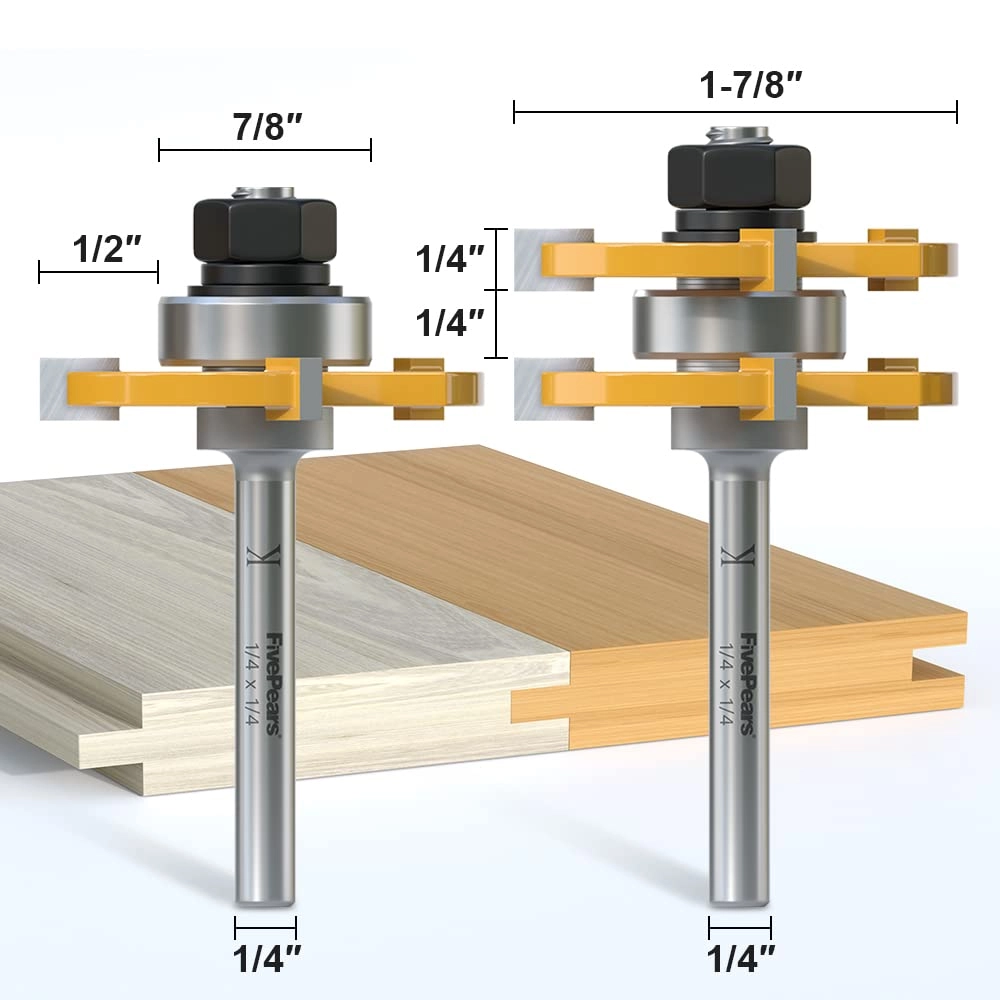 FIVEPEARS Tongue and Groove Router Bits - 1/4" Shank 2 Pieces